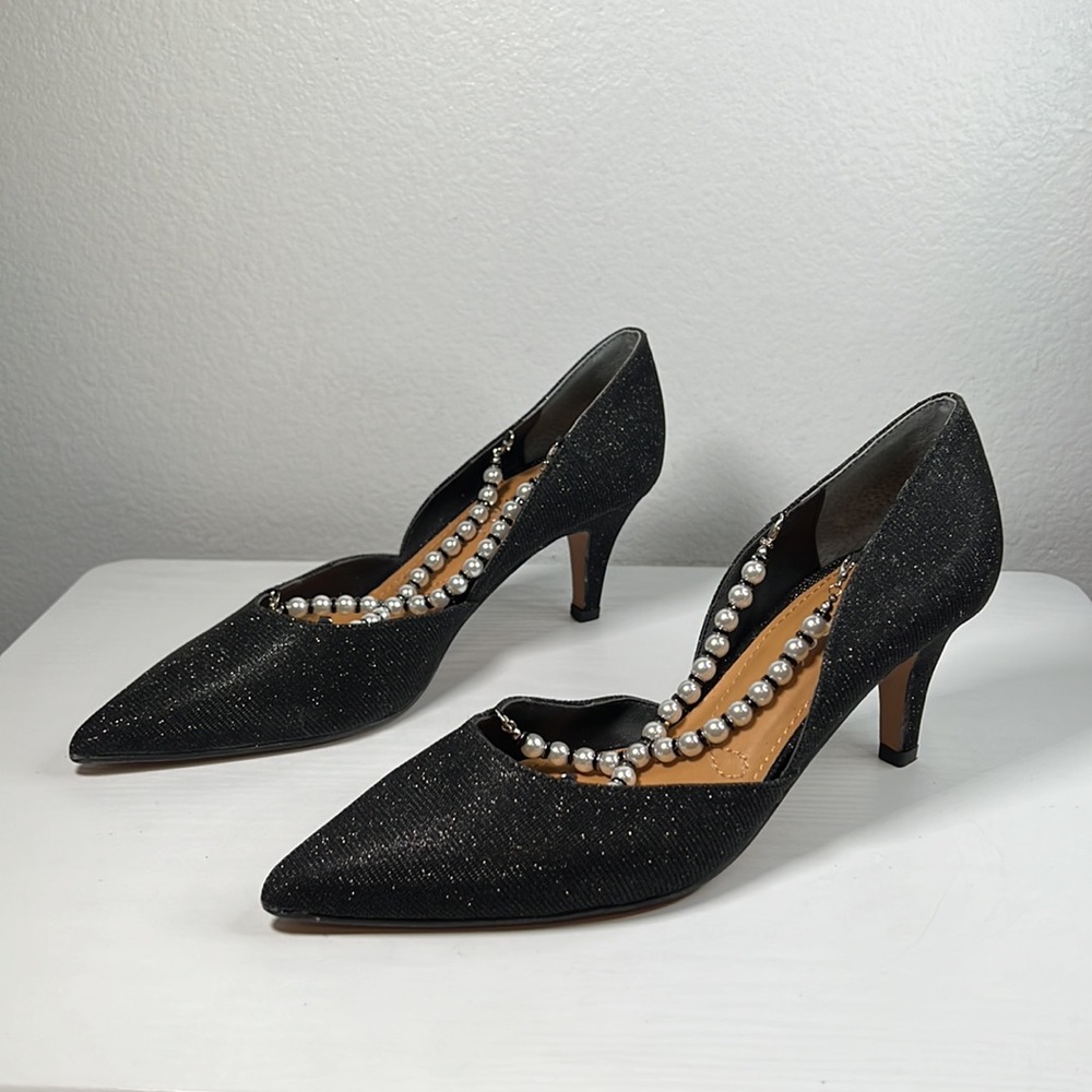 J. Renee black heels with removable pearl and black bead front cross straps 8M - Picture 5 of 16